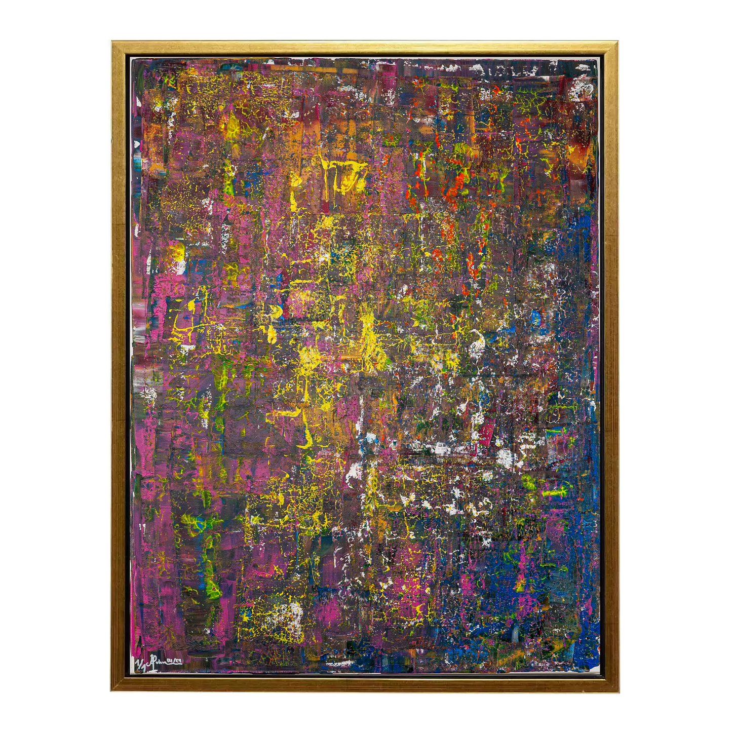 Kunstwerk ‚Farben der Nacht‘, tiefes Blau und Goldkante, gerahmt in Schwarz
