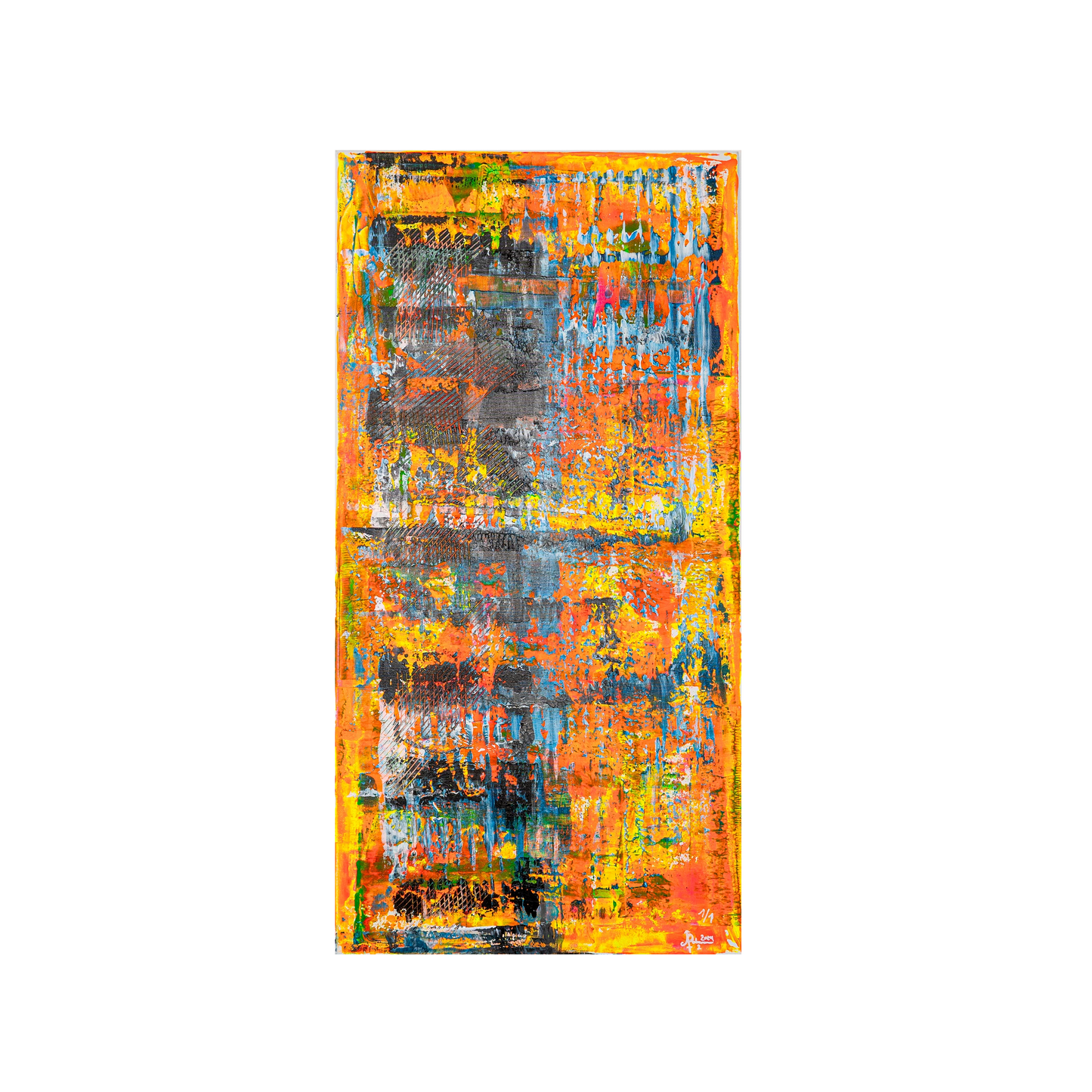 Abstraktes Gemälde ‚Goldene Horizonte‘ auf Leinwand, ohne Rahmen, zeigt warme und kühle Farbkombinationen