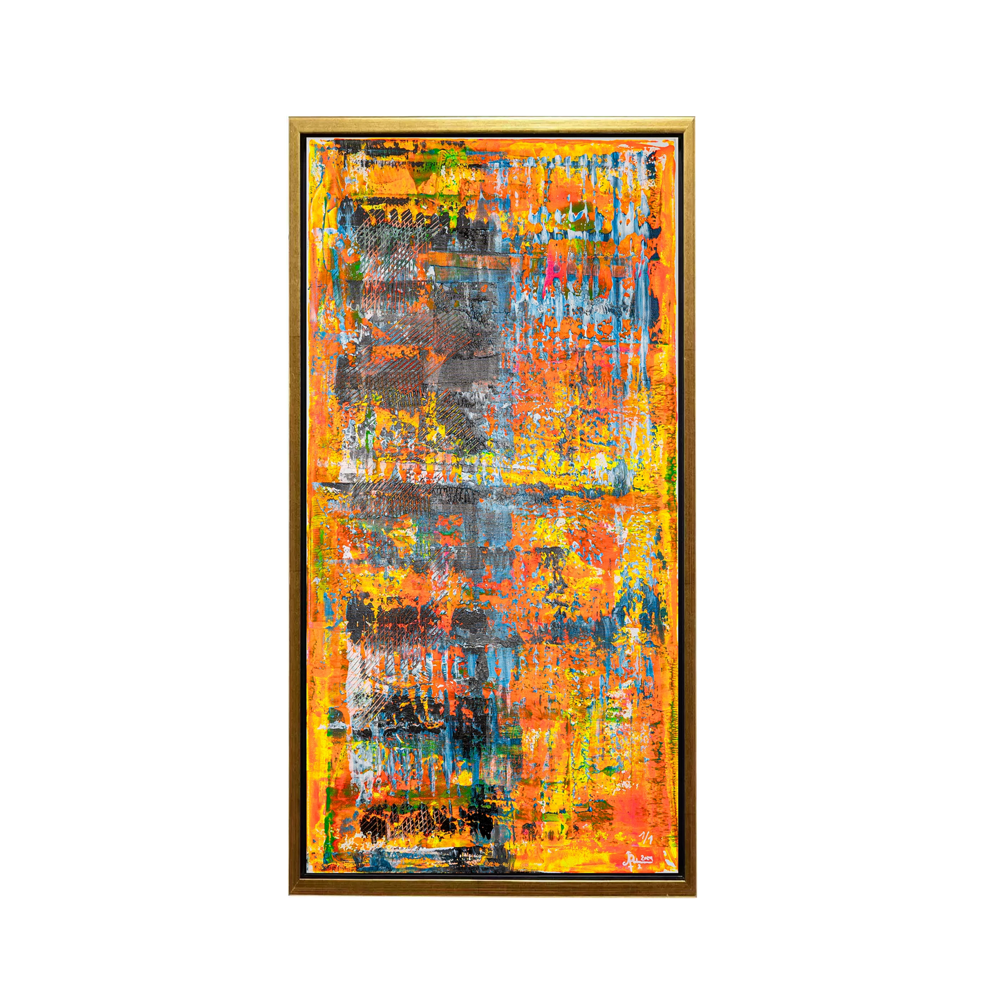 Abstraktes Kunstwerk ‚Goldene Horizonte‘, kombiniert mit schwarzem Schattenfugenrahmen und eleganter Goldkante