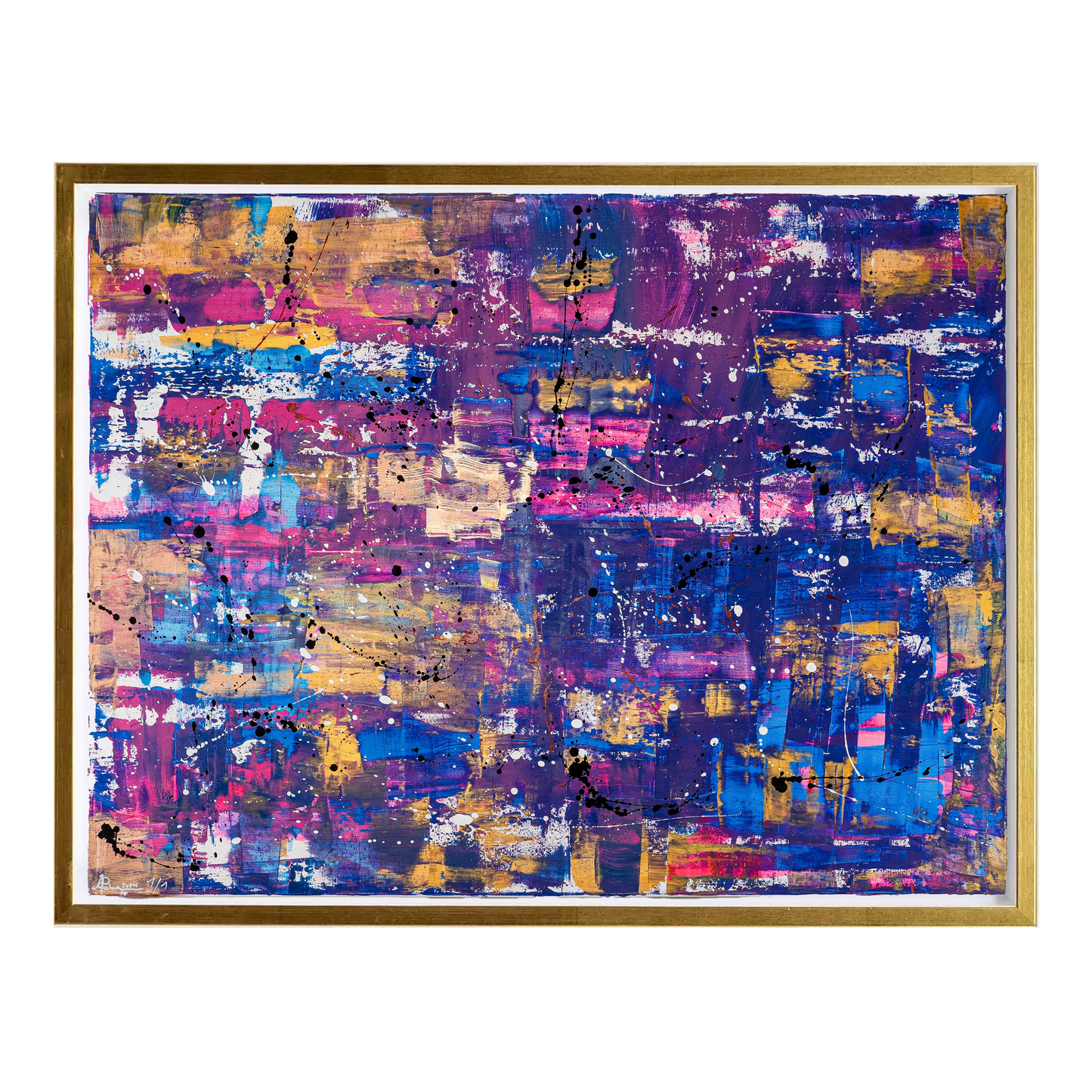 Handgemaltes Kunstwerk Horizont der Träume, weiß gerahmt mit Goldkante