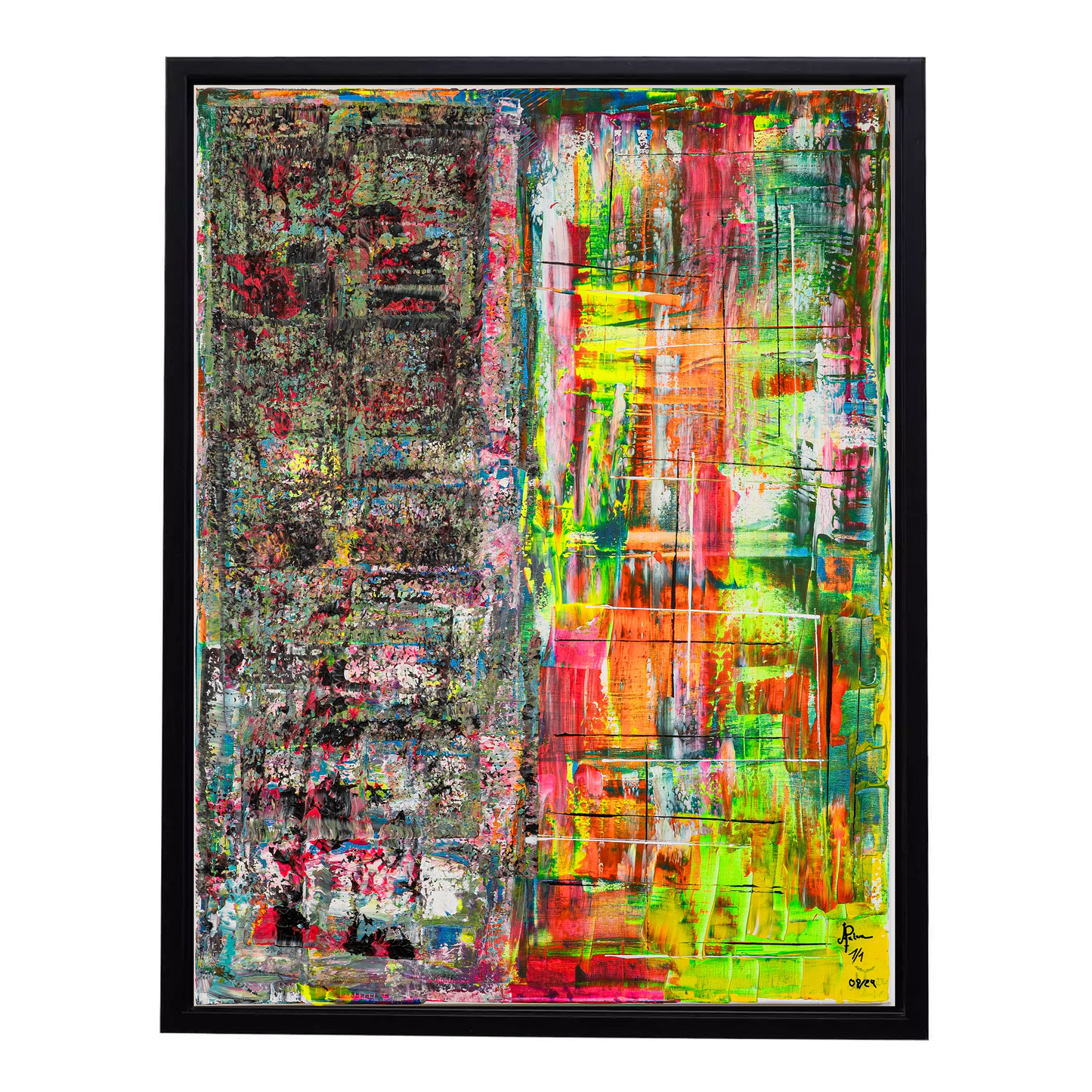 Abstrakte Kunst Neon Divide im modernen Stil mit leuchtenden Farben, schwarz gerahmt