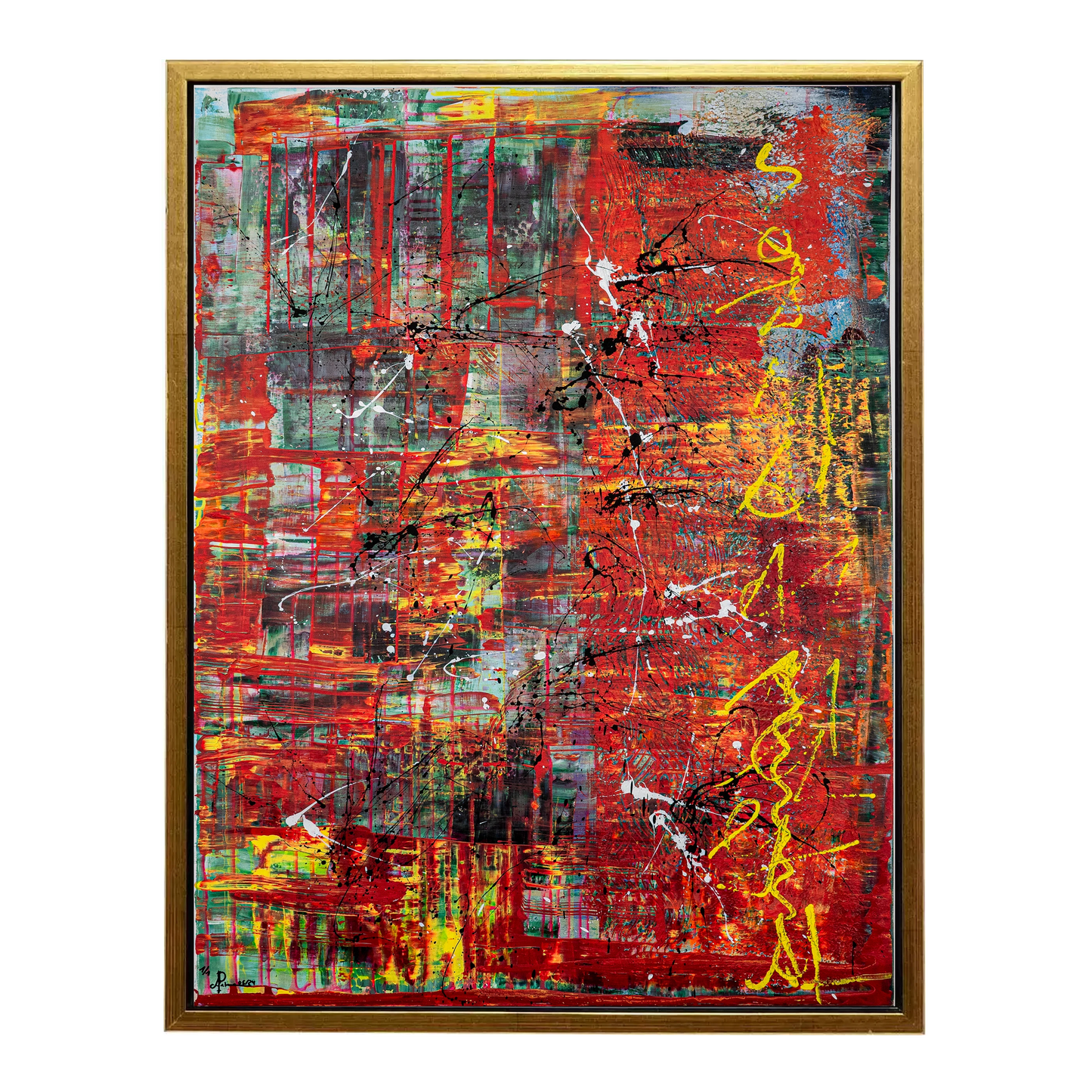 Abstrakte Kunst Feuer und Bewegung, Schwarzrahmen mit eleganter Goldkante