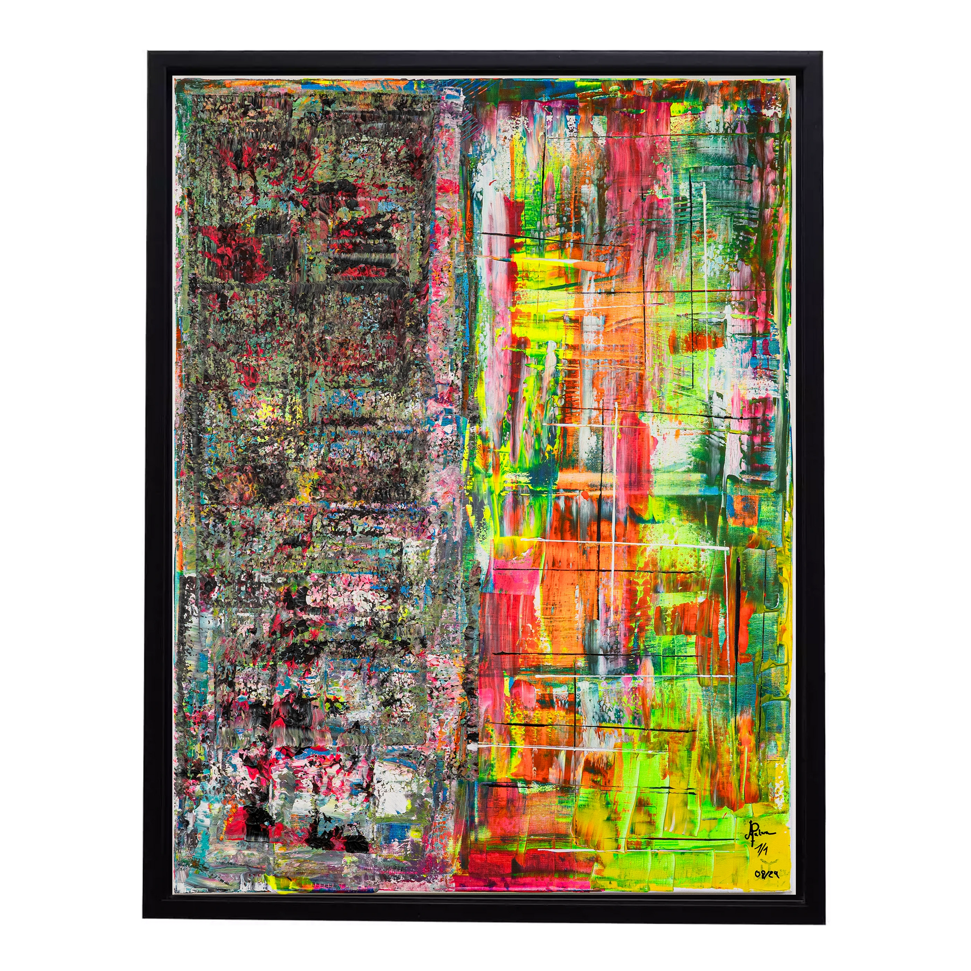 Abstrakte Kunst Neon Divide im modernen Stil mit leuchtenden Farben, schwarz gerahmt